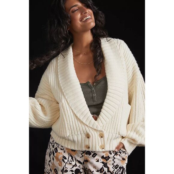 BY ANTHROPOLOGIE Women’s Ivory Cream Shawl Collar Button Front Cropped Cardigan - Picture 1 of 6